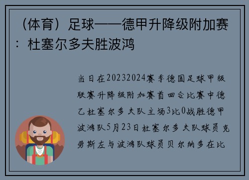 （体育）足球——德甲升降级附加赛：杜塞尔多夫胜波鸿